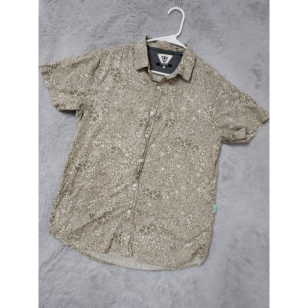 Vissla Shirt Mens Small Short Sleeve Floral Button Up Khaki Tan Surfer Beach S